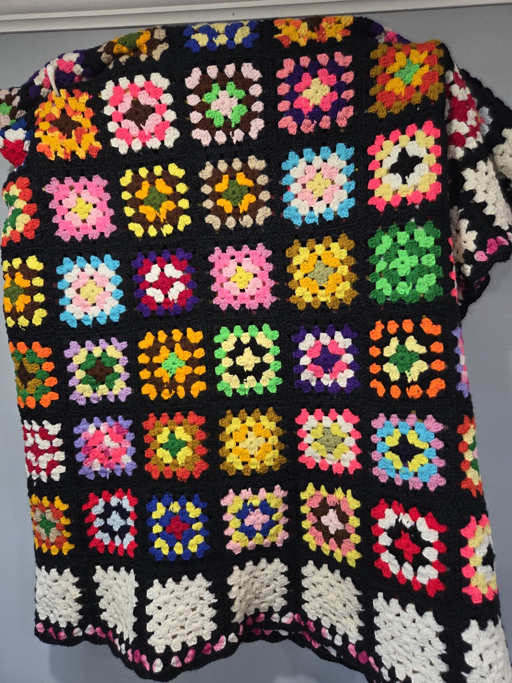 Handmade Multicolor Crochet Granny Square Poncho - Black Base